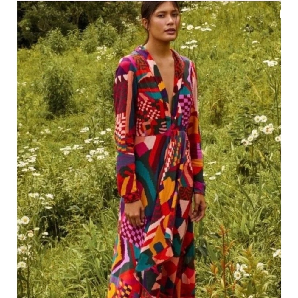 Farm Rio Mixed Abstract Print Maxi Dress V-Neck Long Sleeve Multi-Color Large - Picture 16 of 16